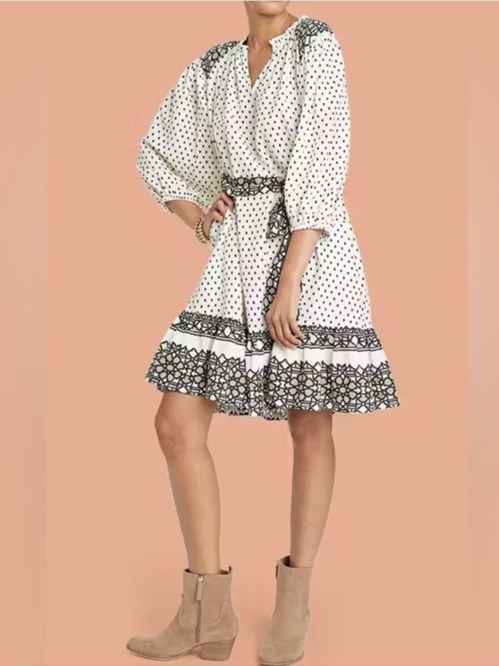 Knox Rose Boho Off White Black Polka Dot Dress Green Accents Ruffle Hem Sz Large